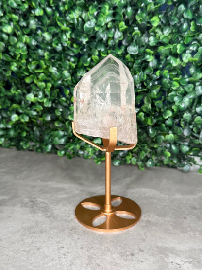 Brazilian Phantom Clear Quartz Freeform on Gold Stand