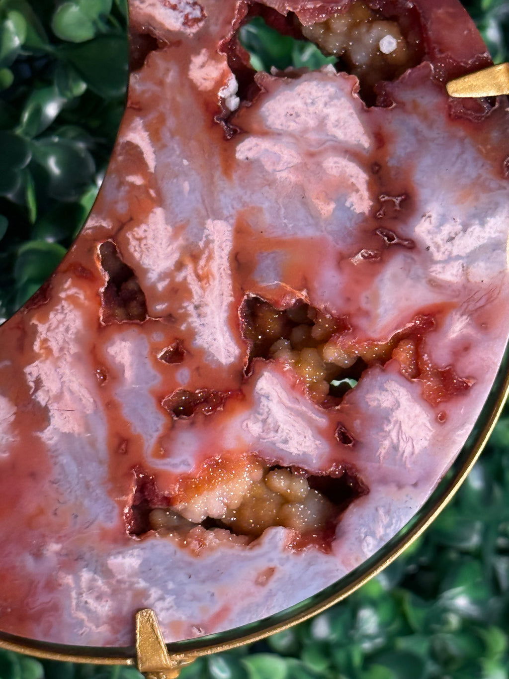 Colourful Carnelian Moon from Indonesia with gold stand