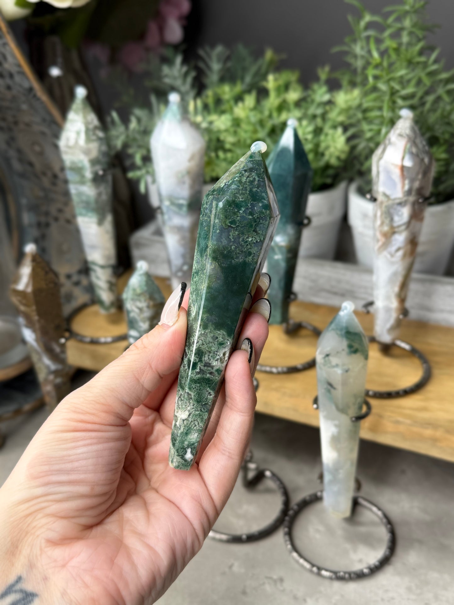 Moss Agate Wands on Stands