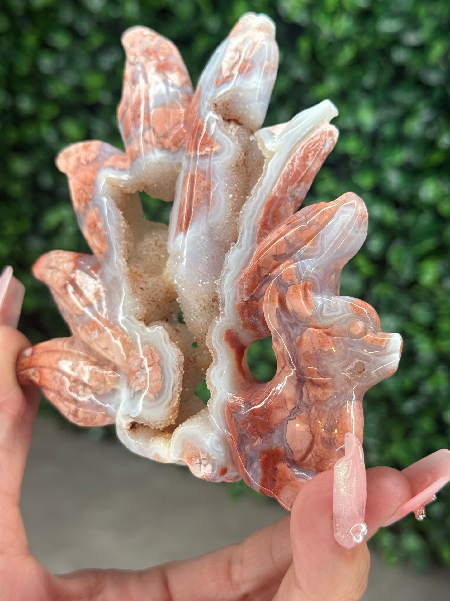 Pink Agate Nine-Tailed Fox Carving with Gold Stand
