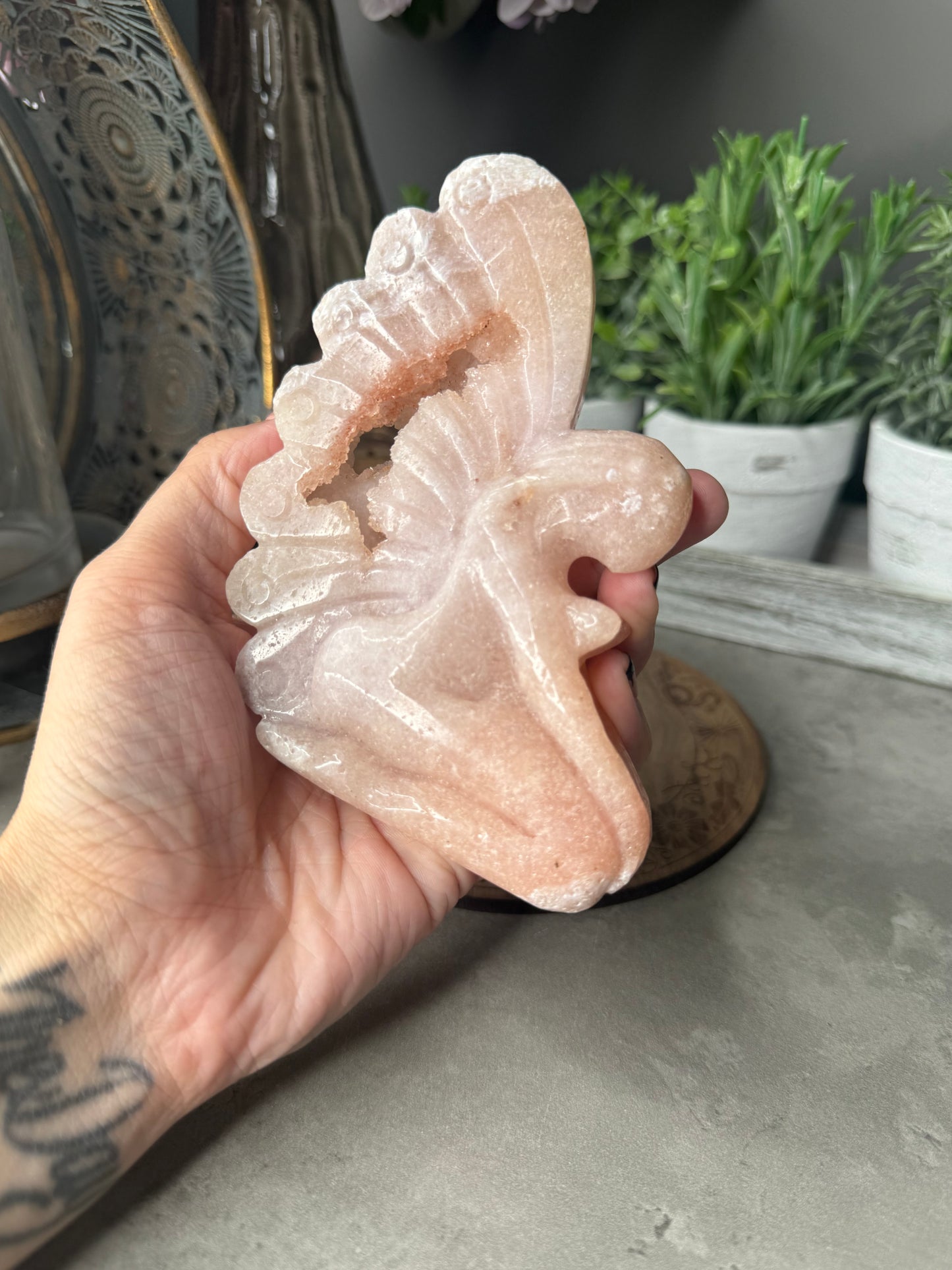 Pink Amethyst Sitting Fairy Crystal Carving with Druzy - 119g