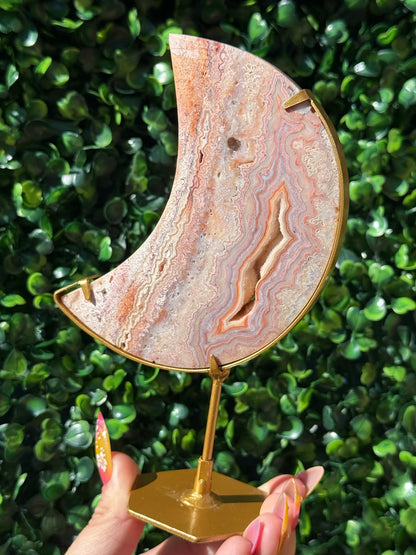 Pink Crazy Lace Agate Moon Crystal Carvings - Indonesia