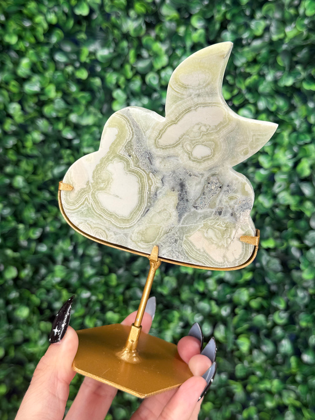 Green Milano Jasper Cloud & Moon Crystal Carving - B