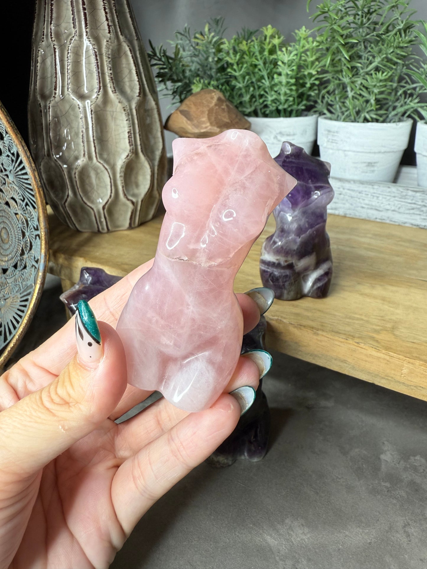 Rose Quartz & Amethyst Goddess Crystal Carvings
