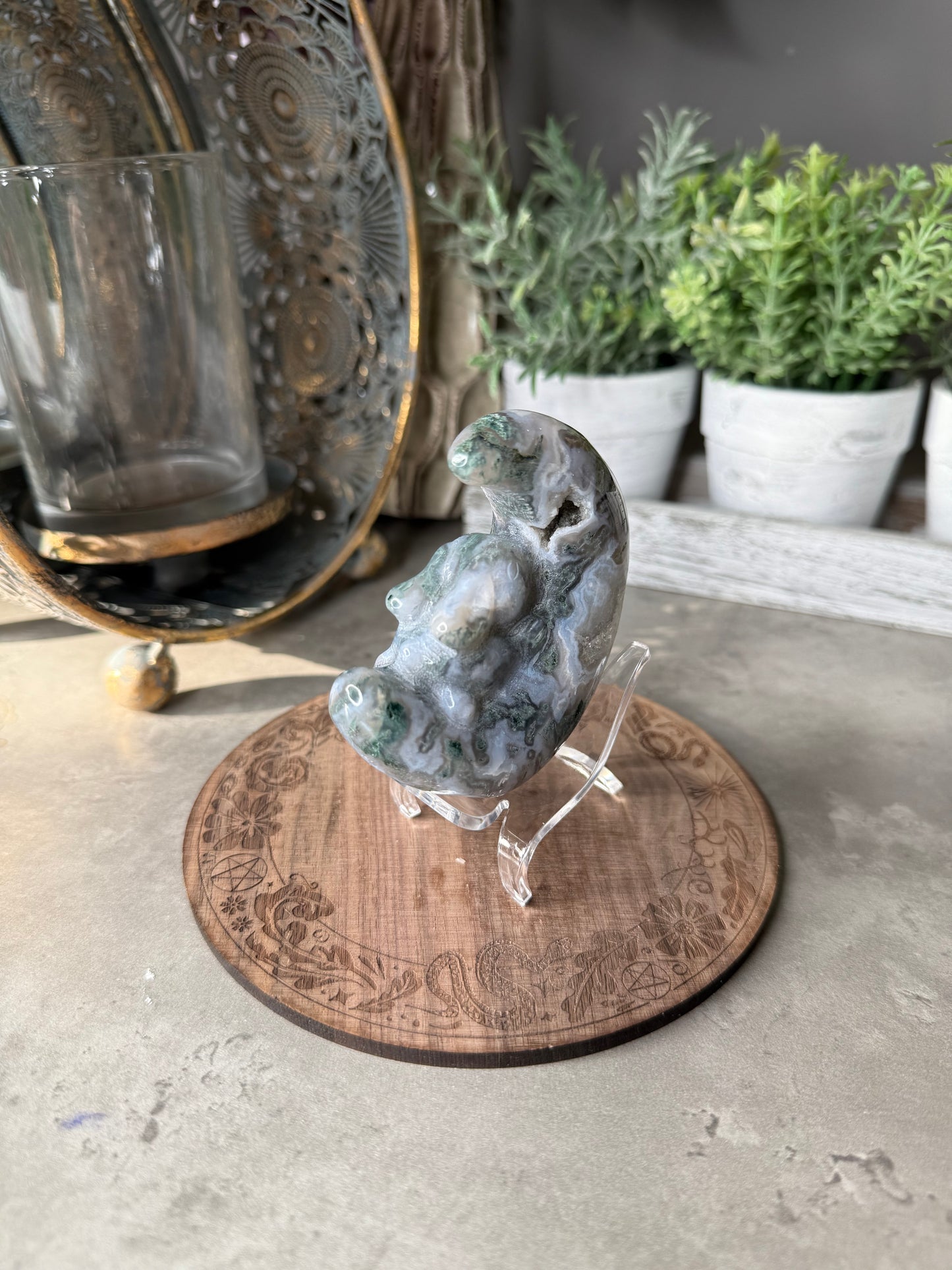 Druzy Moss Agate Moon Bunny