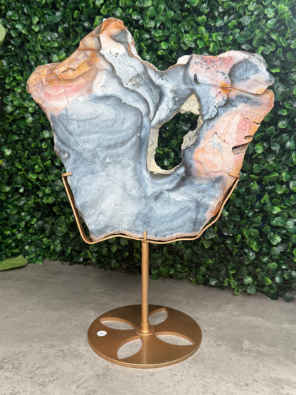 XL Pink & Blue Petrified Wood Slab With Custom Stand