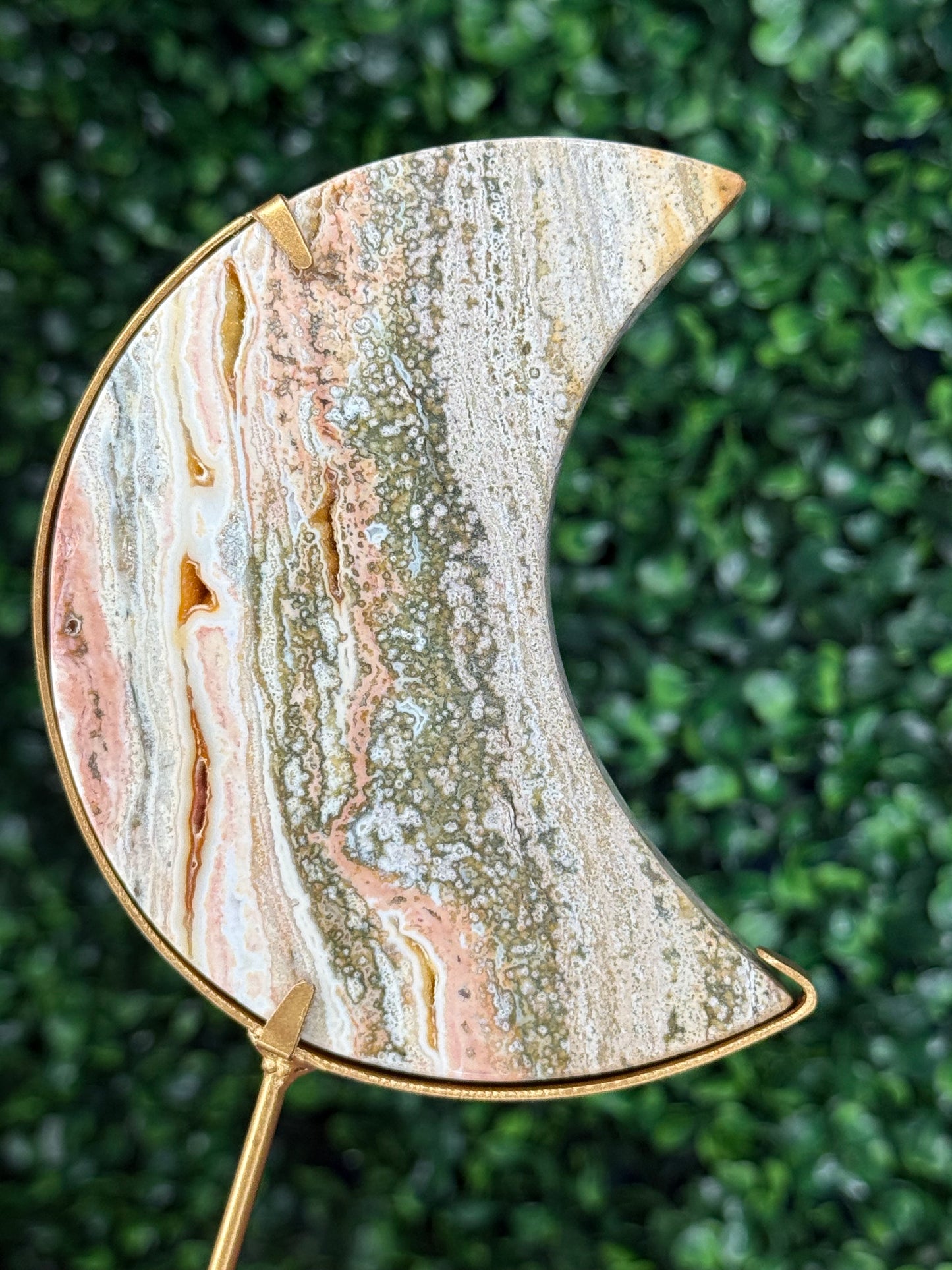 Pink Ocean Jasper moon Crystal carving from Indonesia