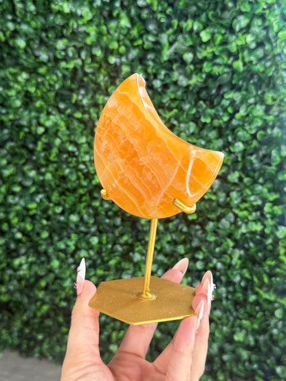 Orange Calcite Moon with Custom Gold Stand from India J