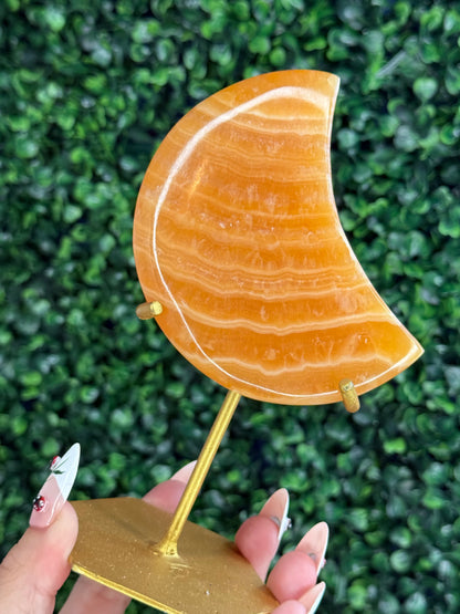 Orange Calcite Moon with Custom Gold Stand from India D