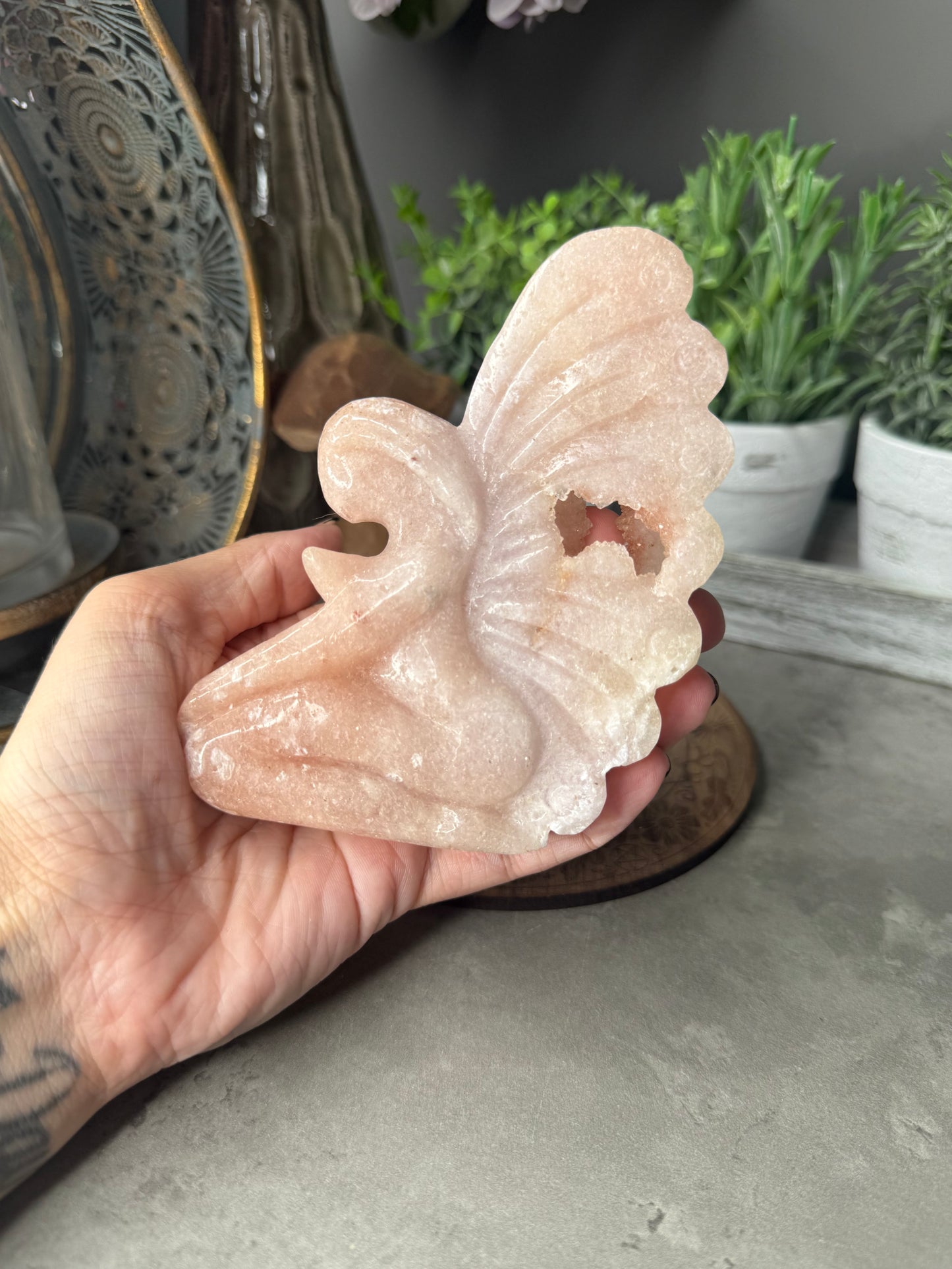 Pink Amethyst Sitting Fairy Crystal Carving with Druzy - 119g