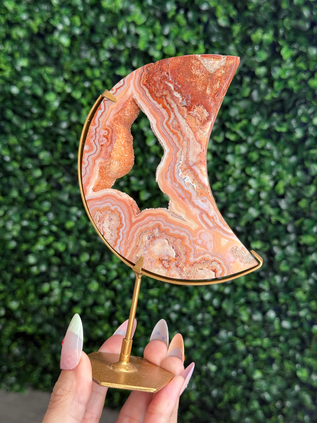 Pink Crazy Lace Agate Moon Crystal Carving - Indonesia