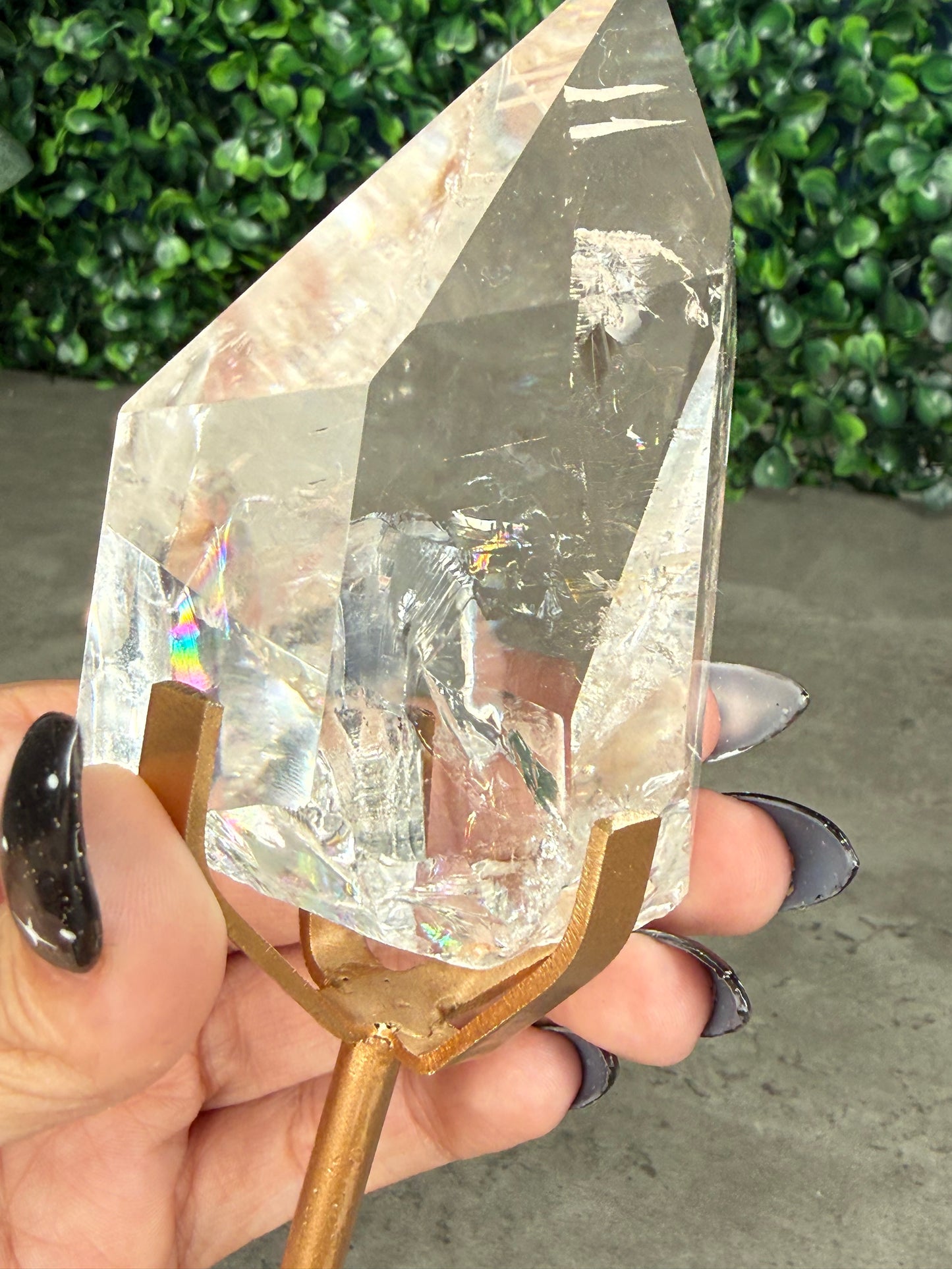 Brazilian Clear Quartz Freeform on Gold Stand — Rainbow Inclusions
