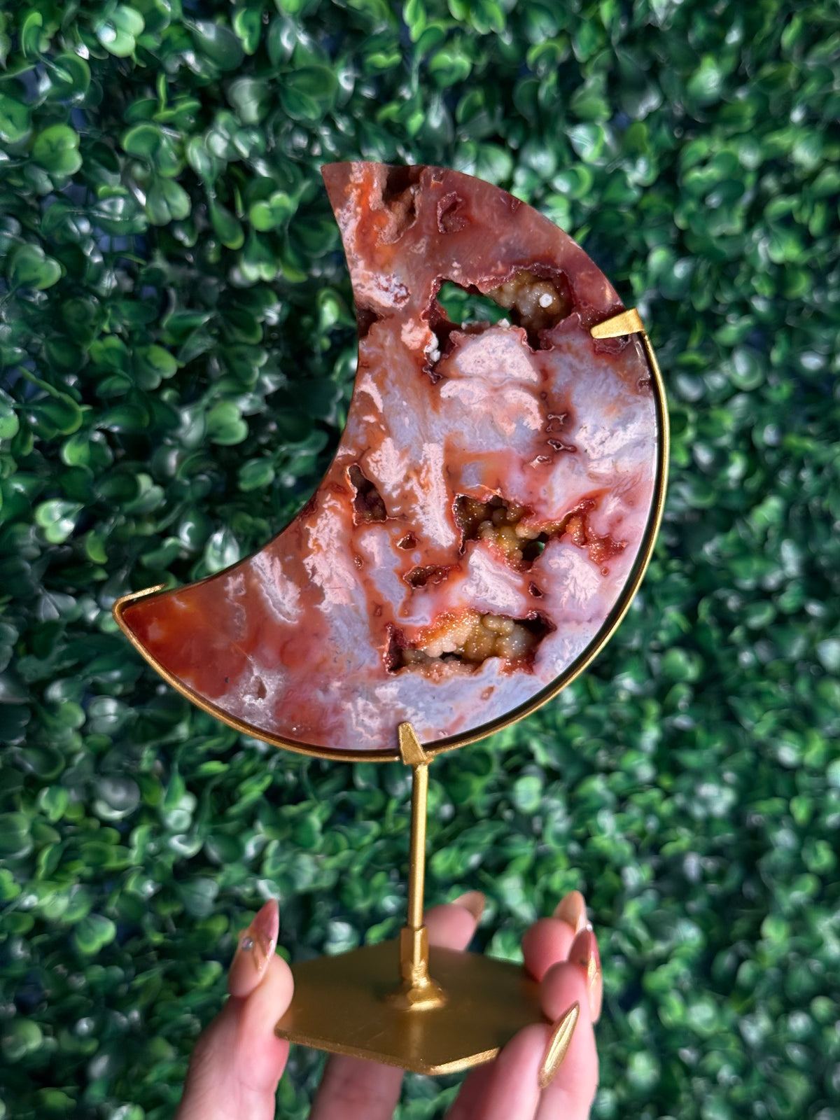 Colourful Carnelian Moon from Indonesia with gold stand