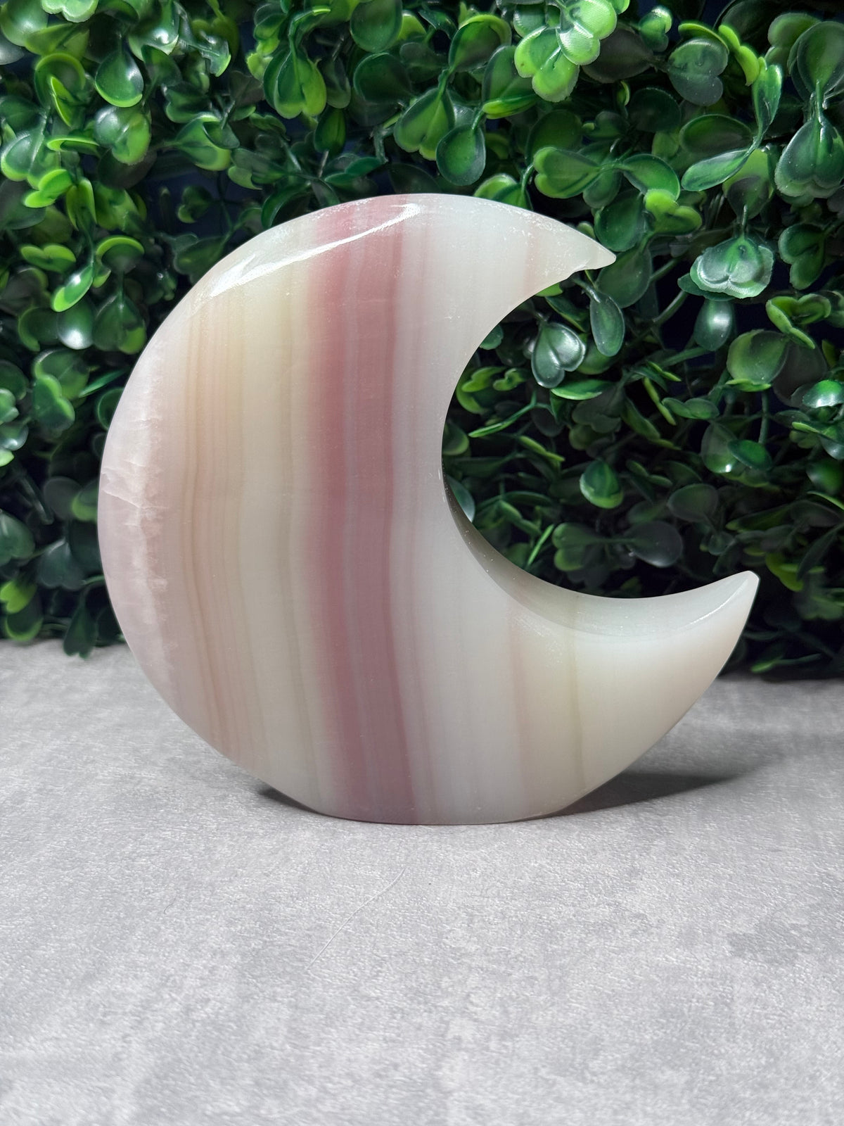 Pink Banded Onyx Standing Moon Crystal Carving - Pakistan - B