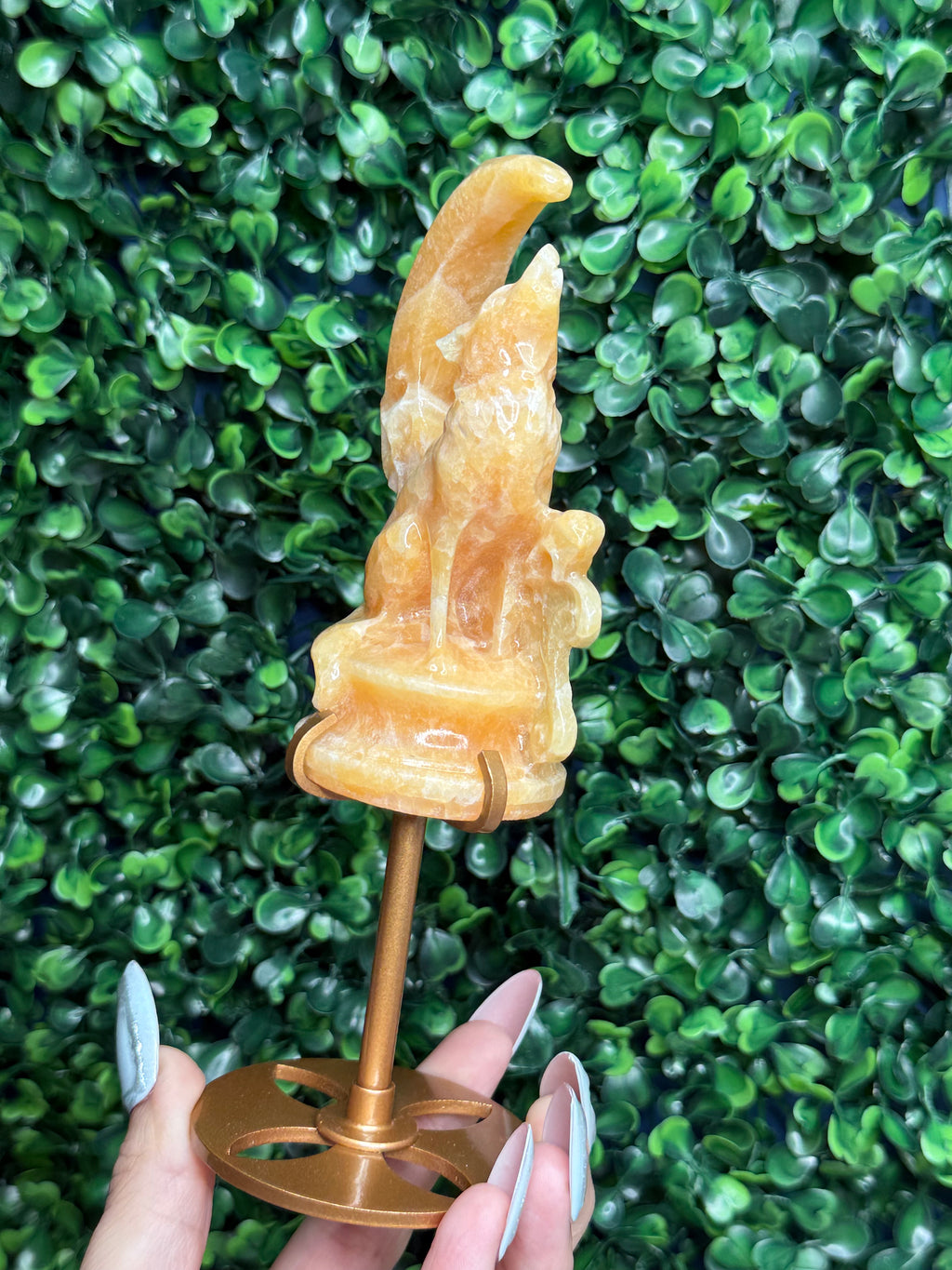 Orange Calcite Wolf & Moon Crystal Carving
