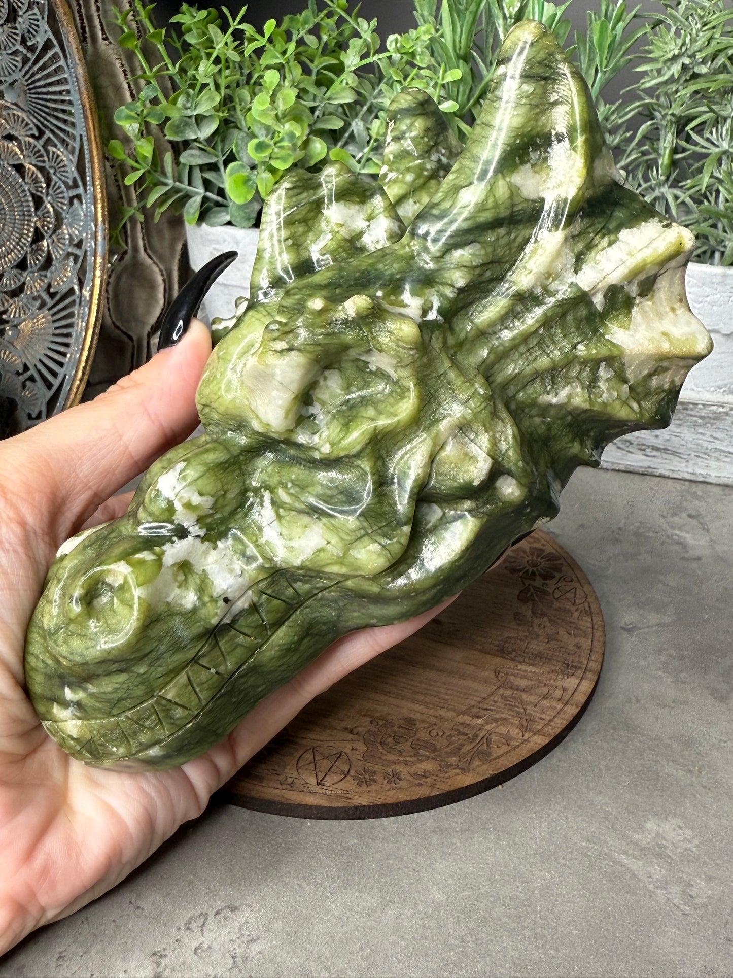 Large Green Jade Dragon Crystal Carving 815g