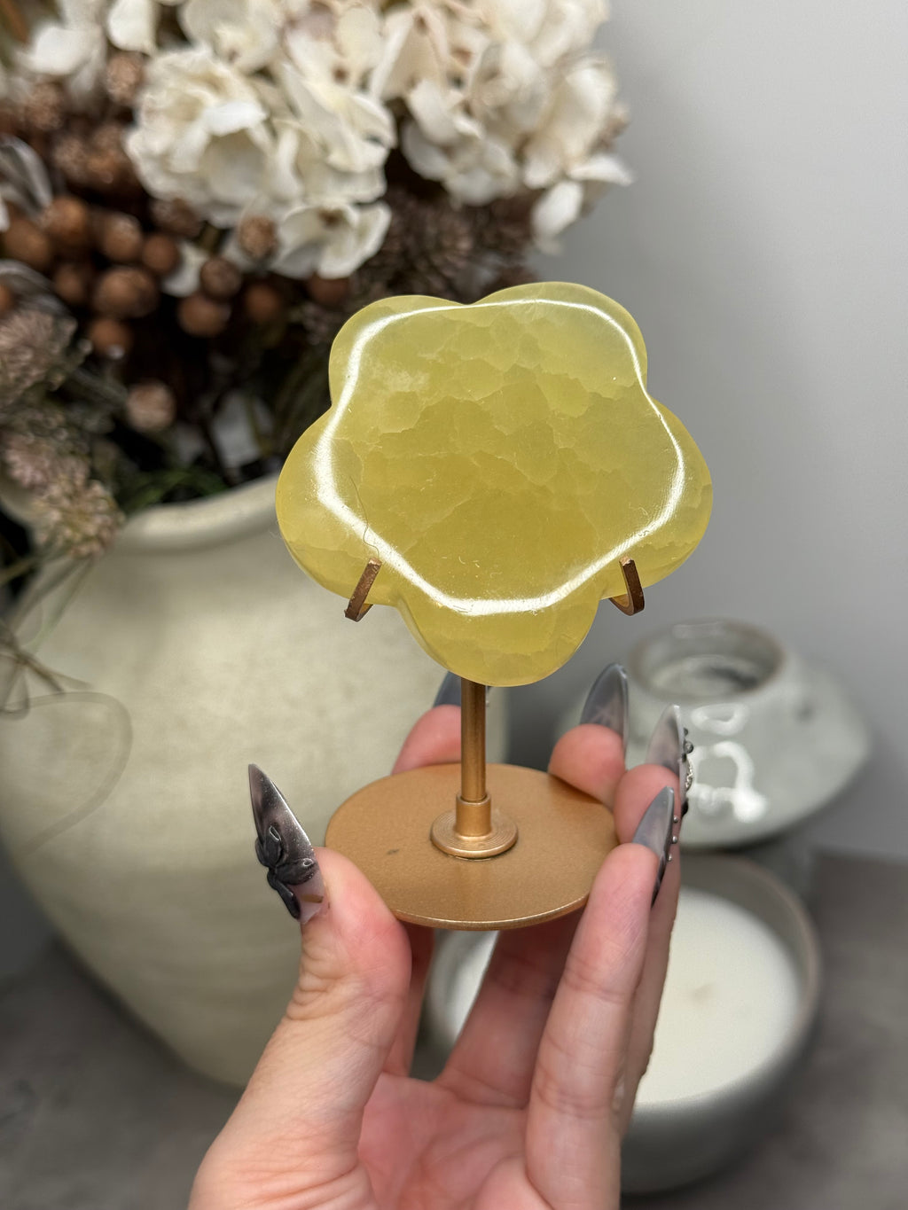 Lemon Flower Crystal Carving with Gold Stand