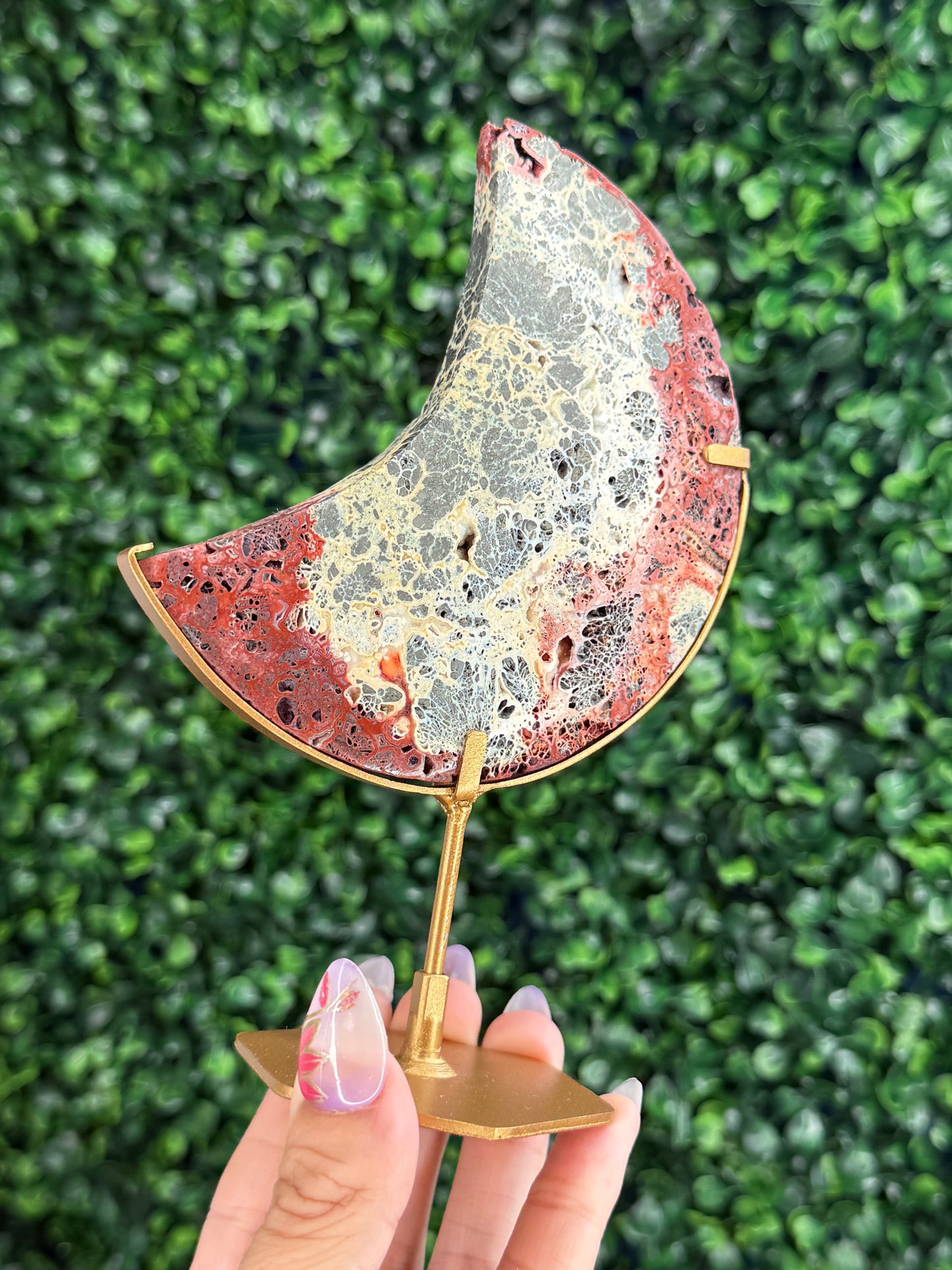Red Marcasite Moon Crystal carving with stand - Indonesia