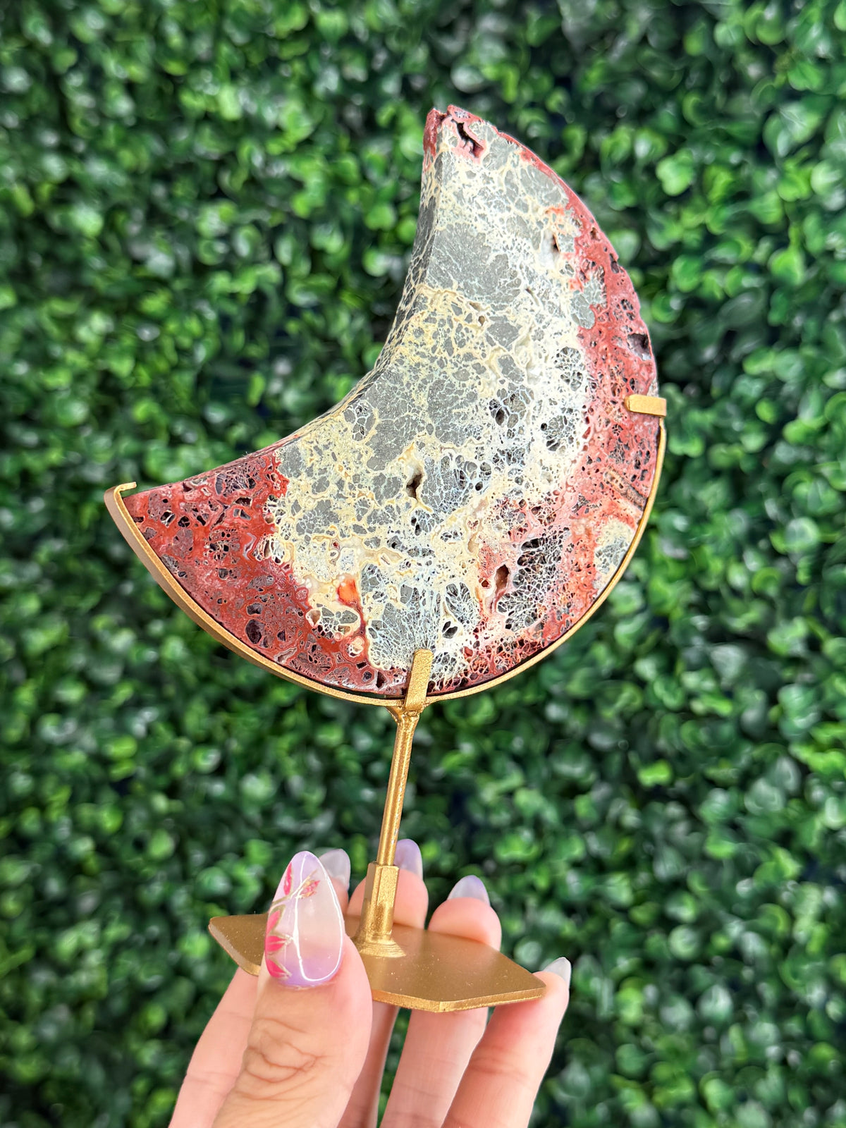 Red Marcasite Moon Crystal carving with stand - Indonesia