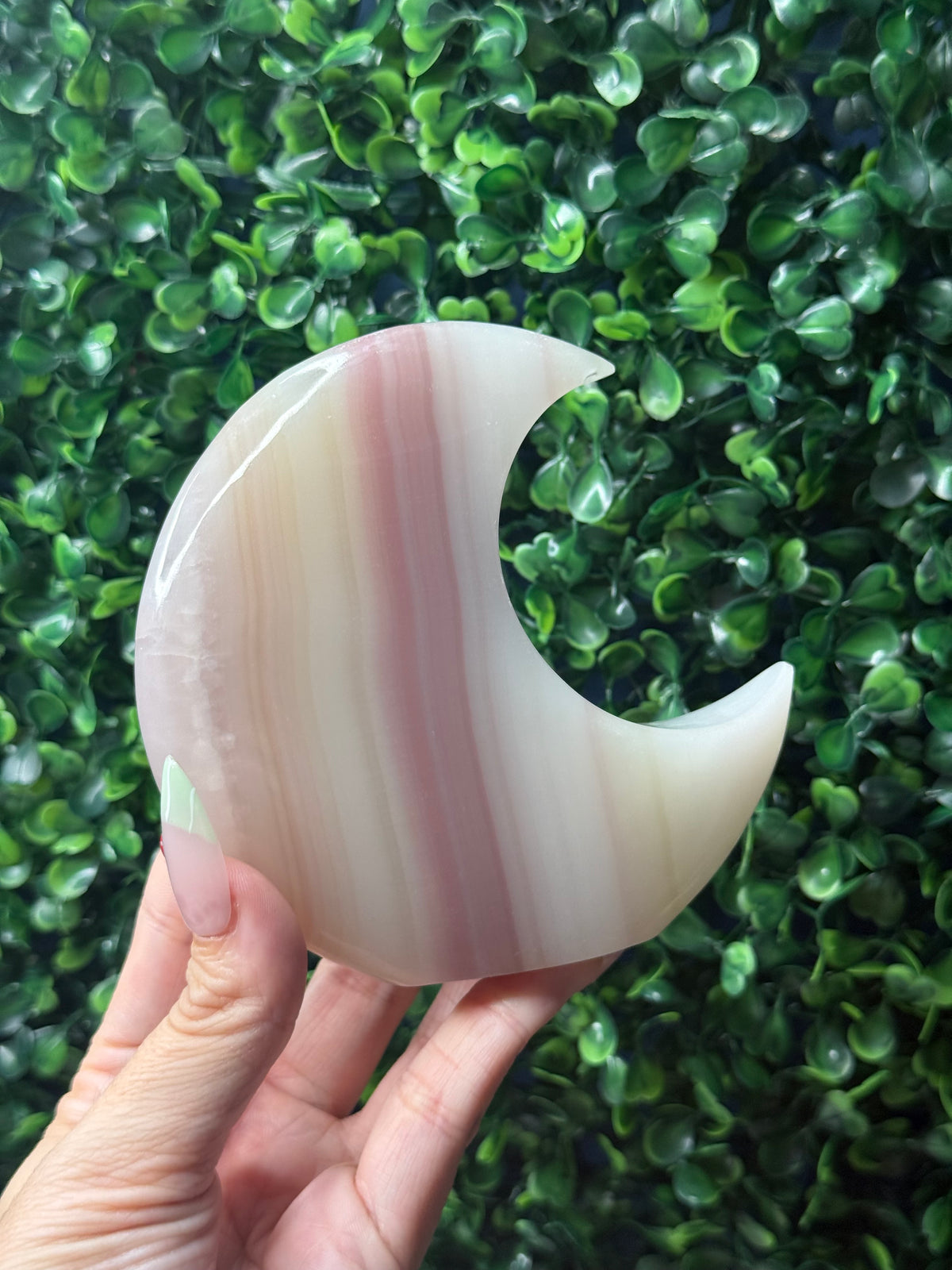 Pink Banded Onyx Standing Moon Crystal Carving - Pakistan - B