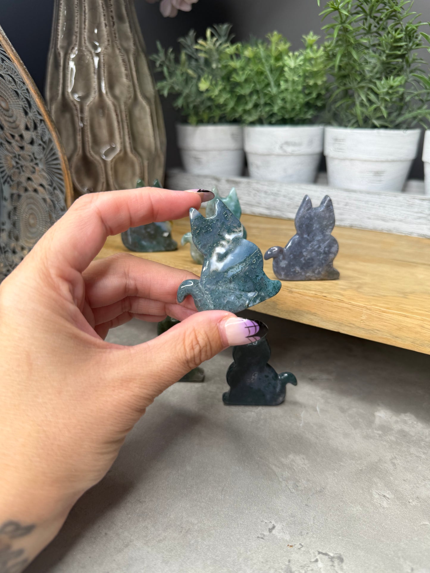 Moss Agate Crystal Cat Carvings