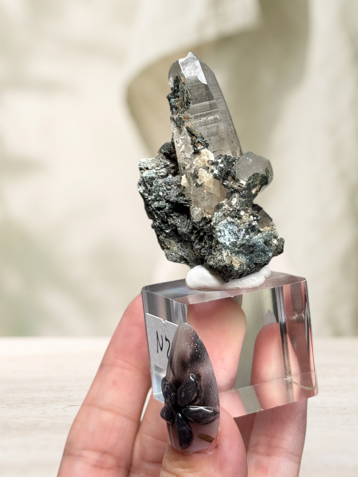 Crystal Glade laser quartz specimen from Balochistan, Pakistan, featuring a slender, tapering crystal on matrix.