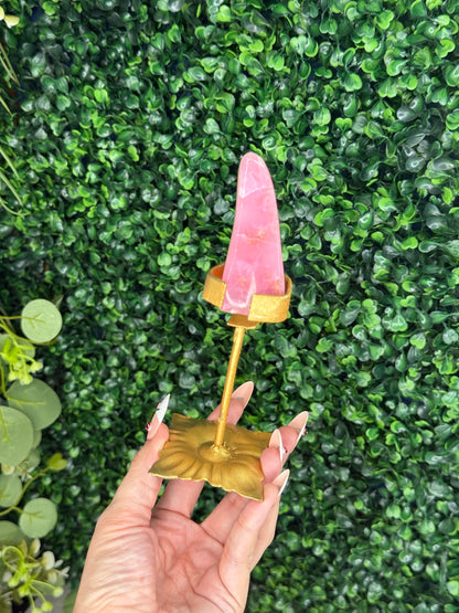 Pink Aragonite AAA with gold Stand from Afghanistan O
