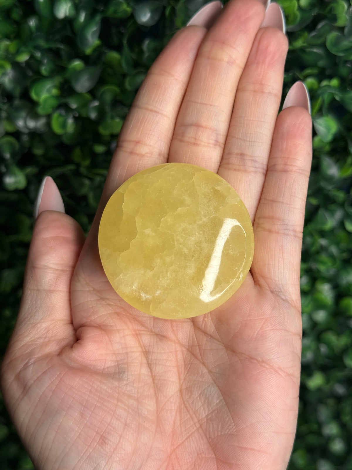 Lemon Calcite Flat Palmstone Crystal Carving