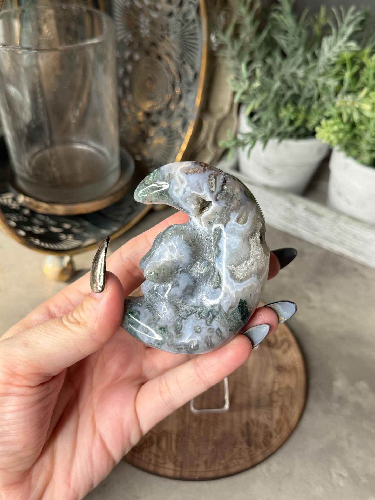 Druzy Moss Agate Moon Bunny