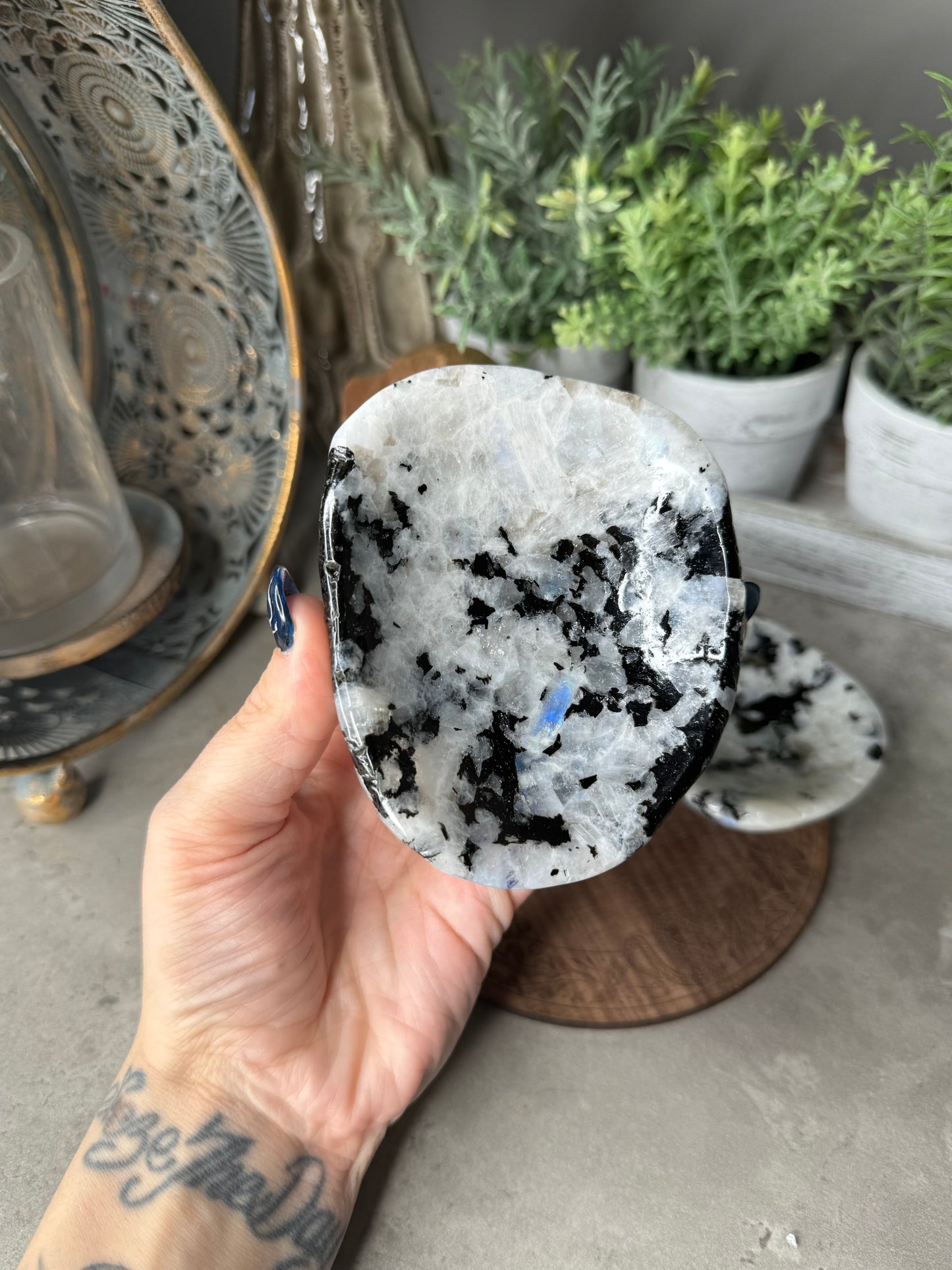 Rainbow Moonstone Crystal Bowl with Pyrite Inclusions