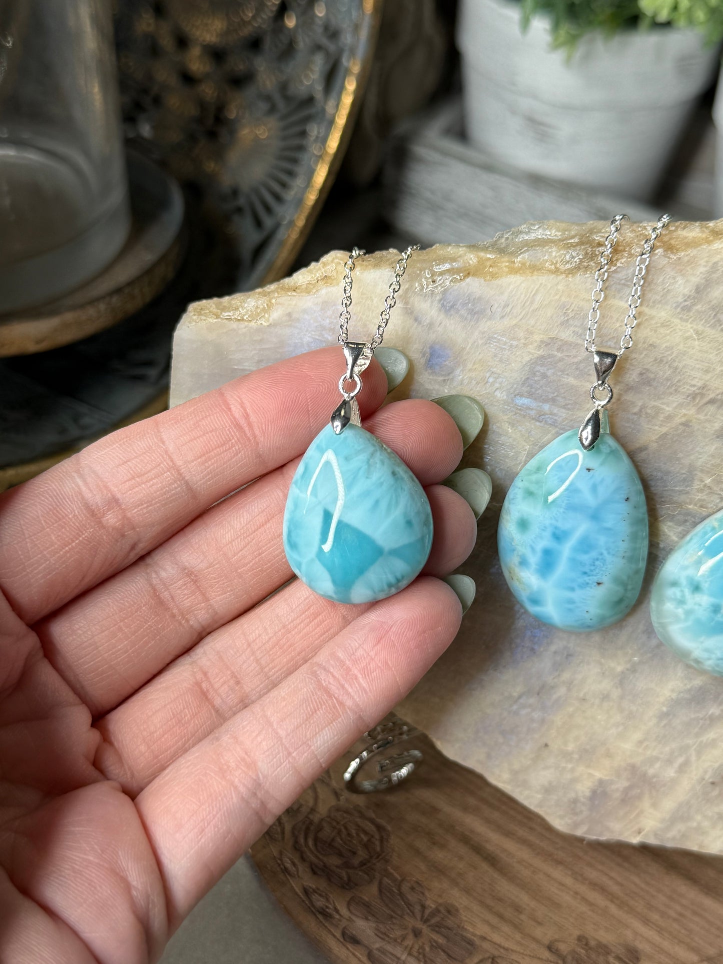 Larimar Crystal Pendant Necklaces