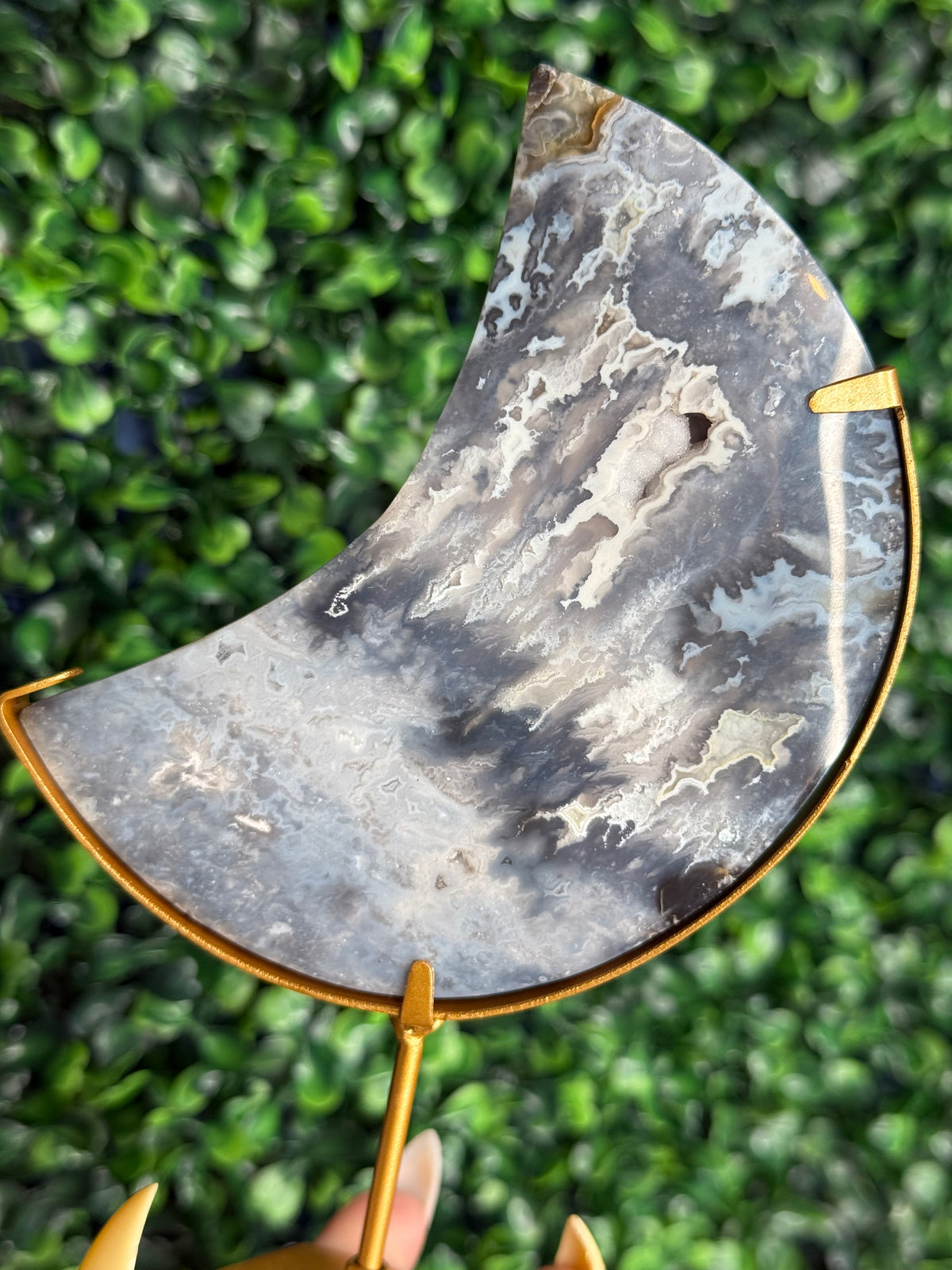 Blue Plume Agate Moon Crystal Carving from Indonesia G