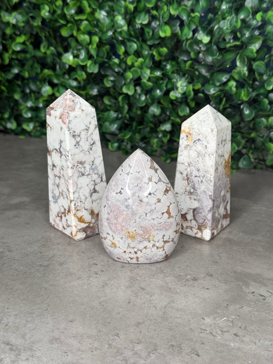 White and Pink Cobra Jasper Crystal Carvings Teardrop and Towers