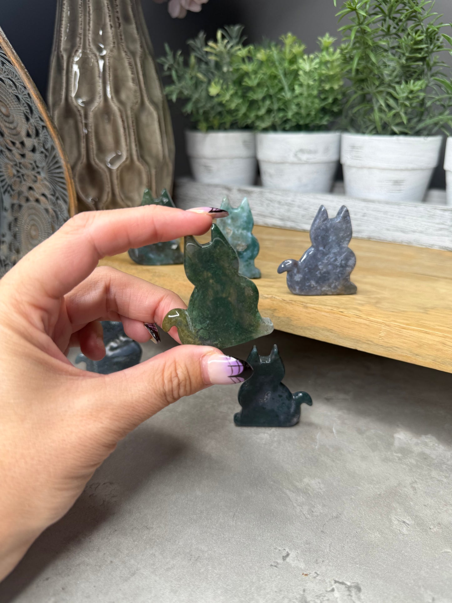 Moss Agate Crystal Cat Carvings
