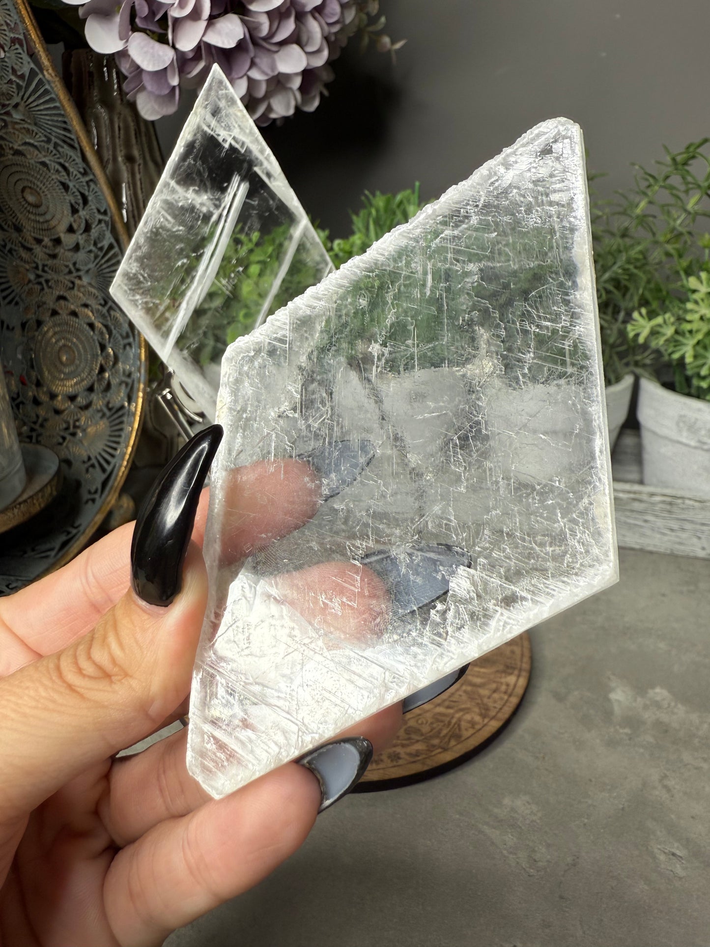 Selenite Rhombus Crystal on Silver Stand