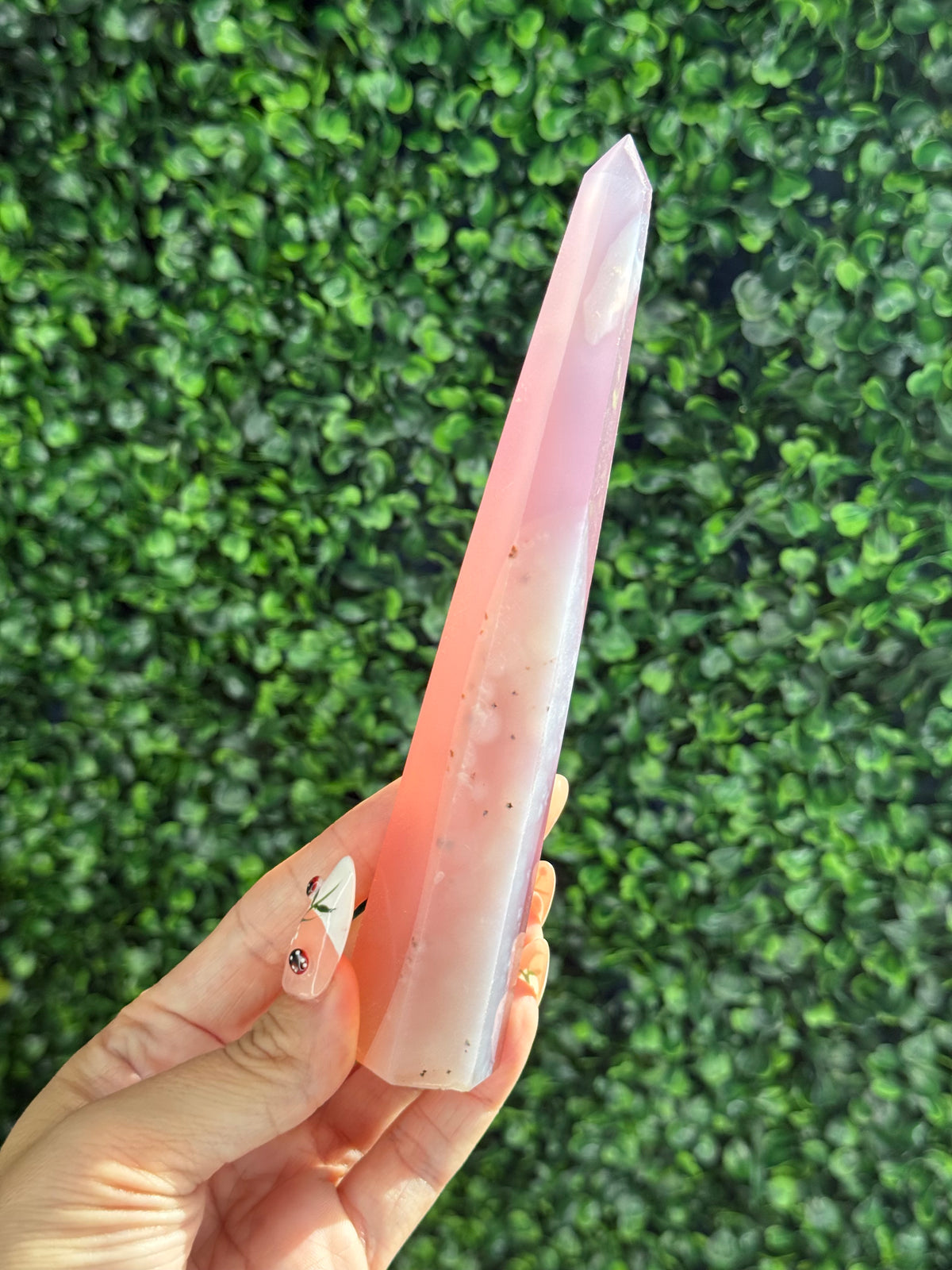 Pink Jelly Agate Obelisk Tower Crystal Carving - E 148