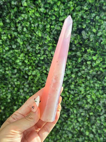 Pink Jelly Agate Obelisk Tower Crystal Carving - E 148