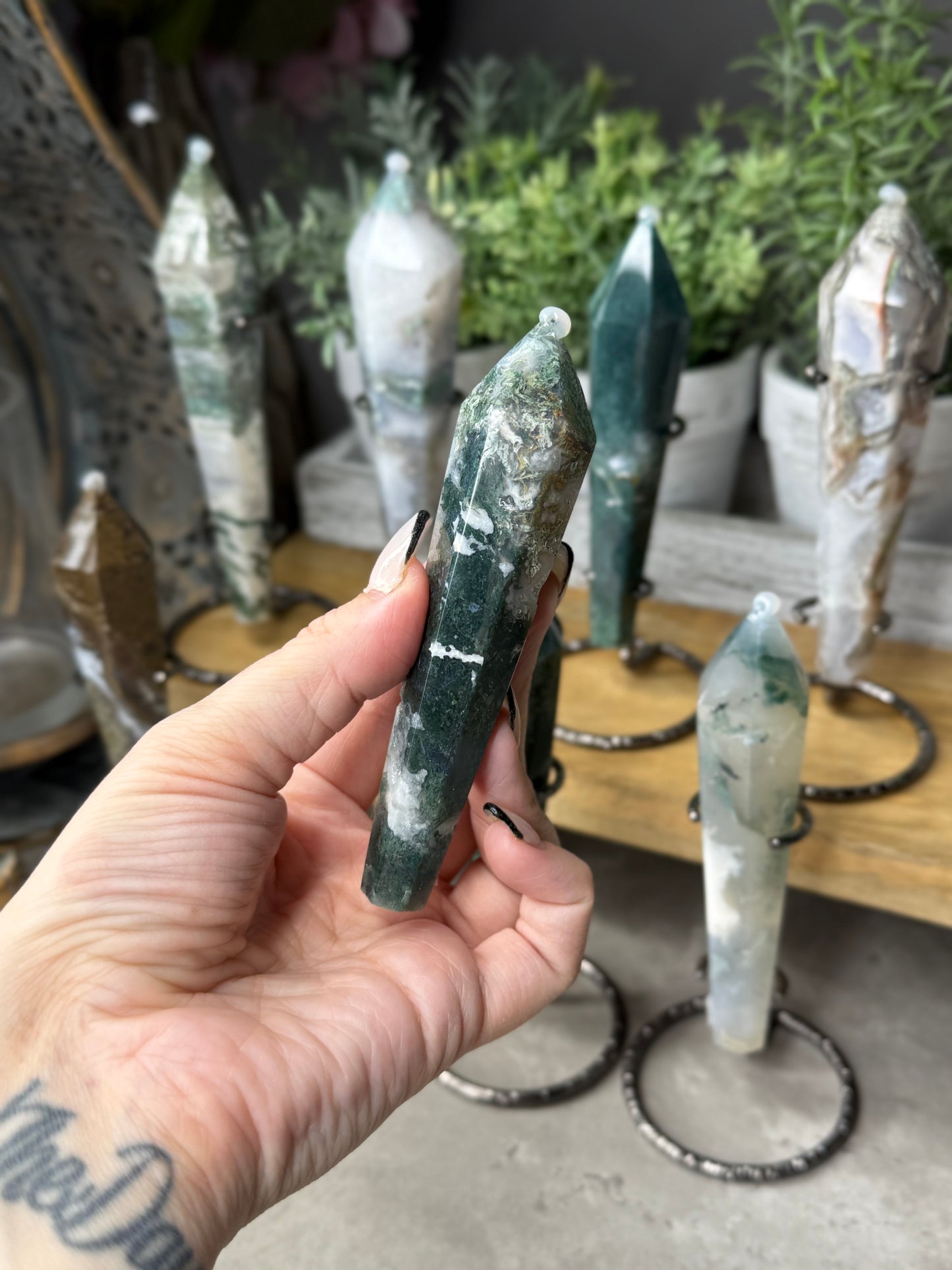 Moss Agate Wands on Stands