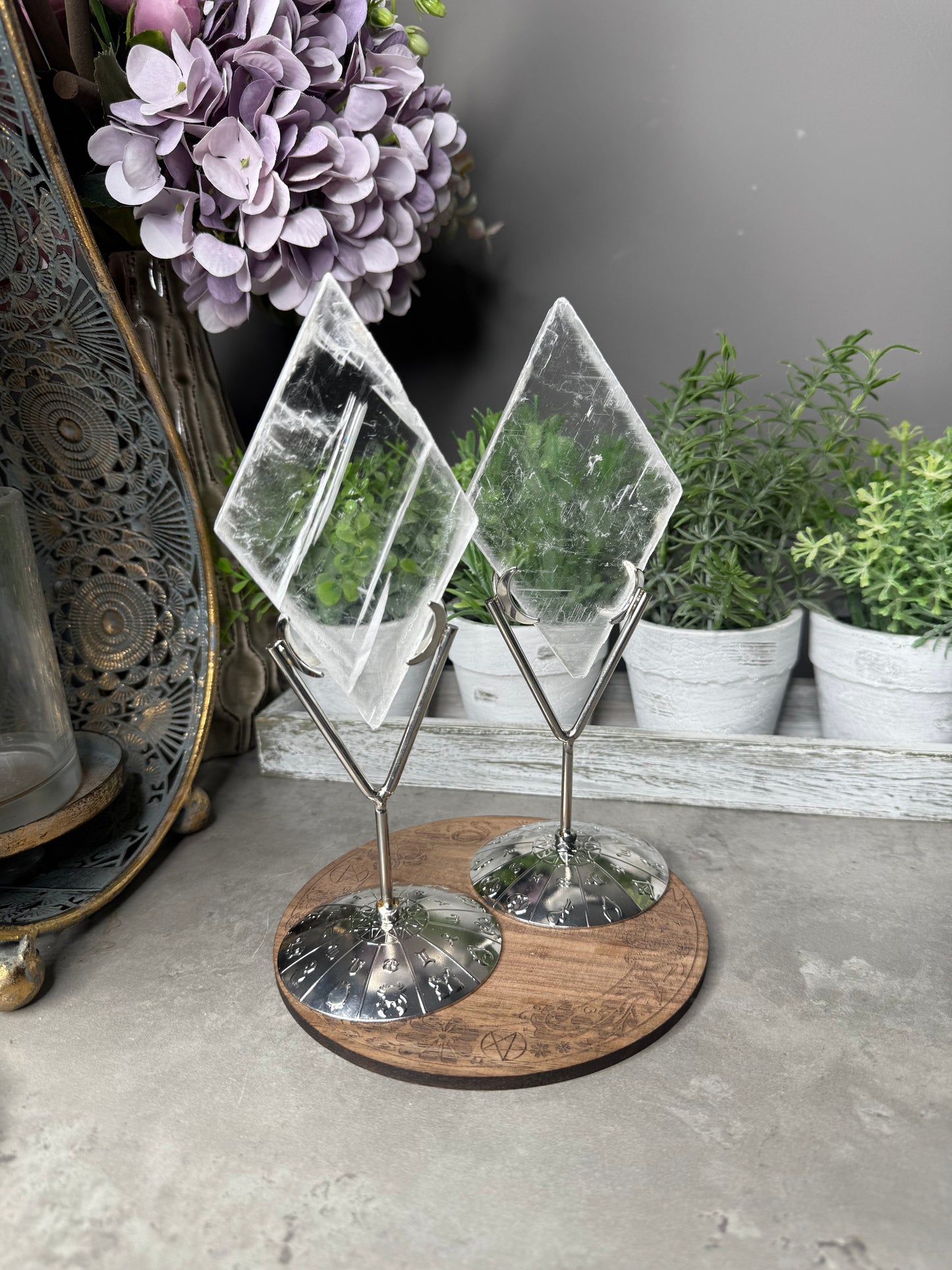 Selenite Rhombus Crystal on Silver Stand