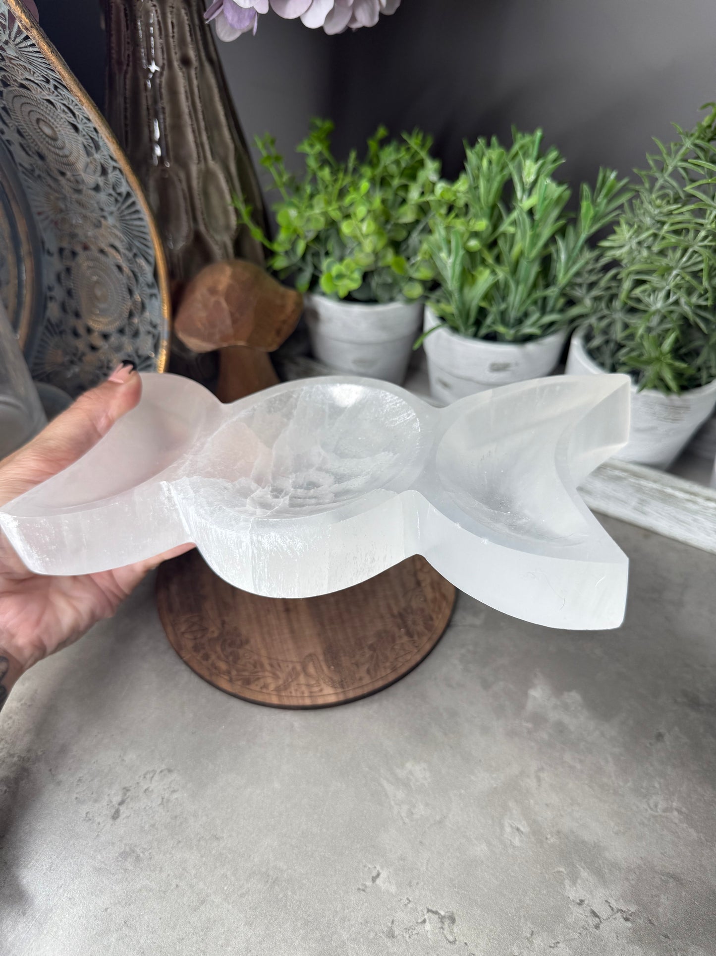 Triple Moon Selenite/Satin Spar Large Crystal Tray Witchcraft Alter