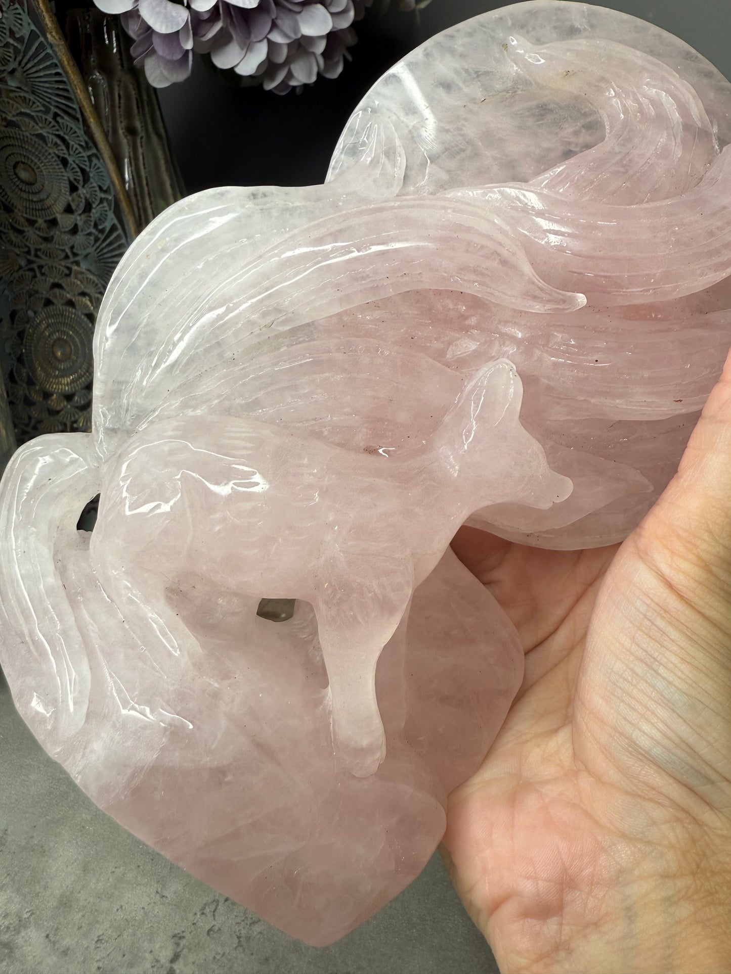 Rose Quartz Nine-Tailed Fox & Moon Carving