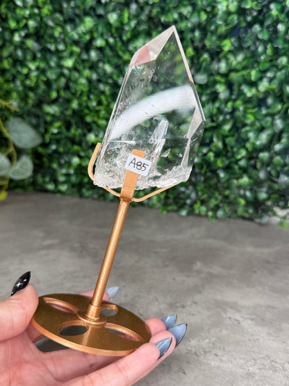 Brazilian Clear Quartz Freeform on Gold Stand — Rainbow Inclusions