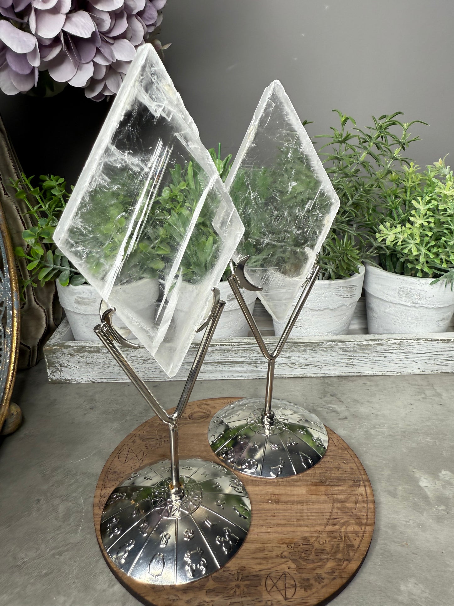 Selenite Rhombus Crystal on Silver Stand