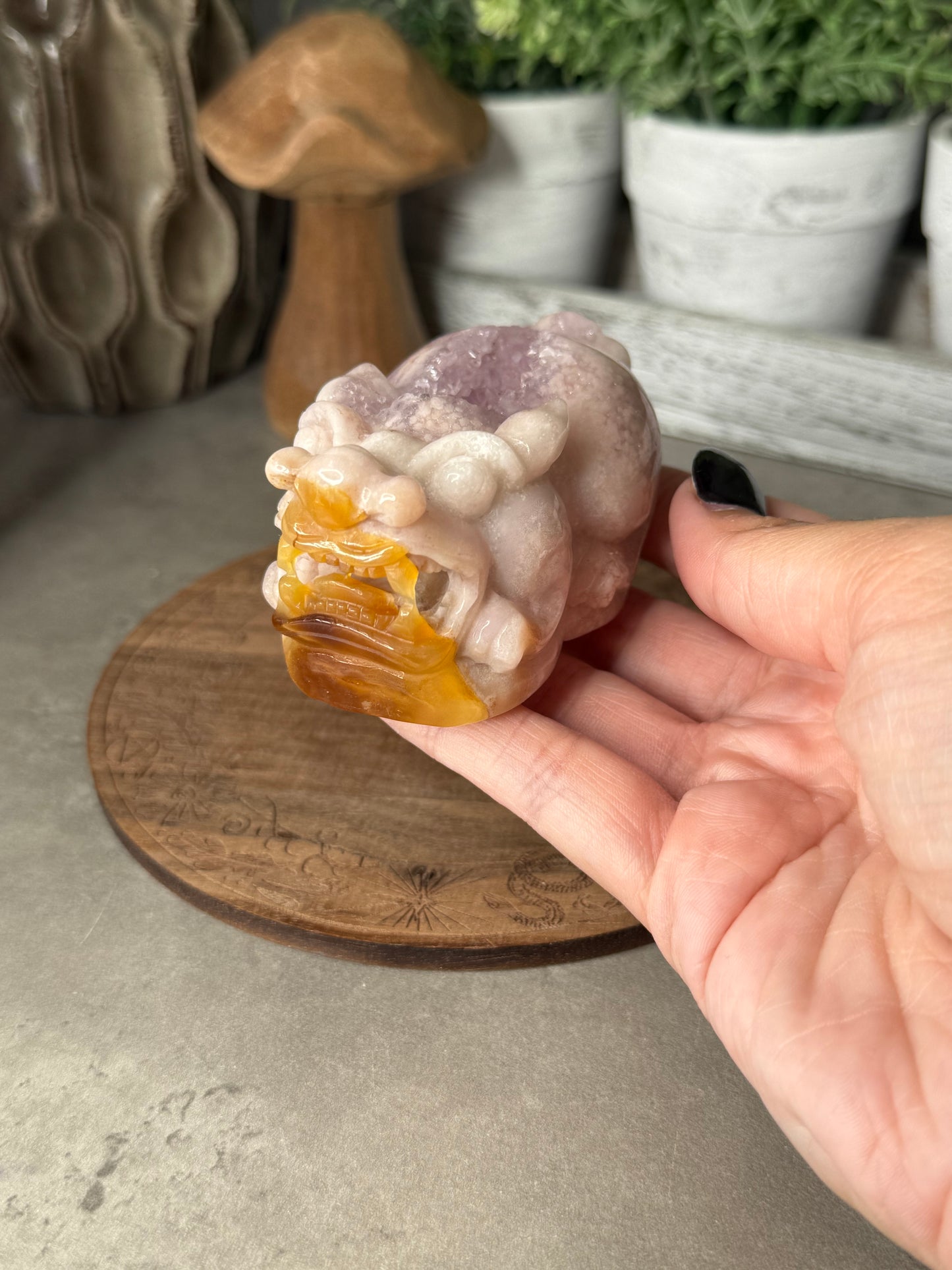 Pink Amethyst Druzy Handcarved Pixiu Crystal Carving Extremely Detailed