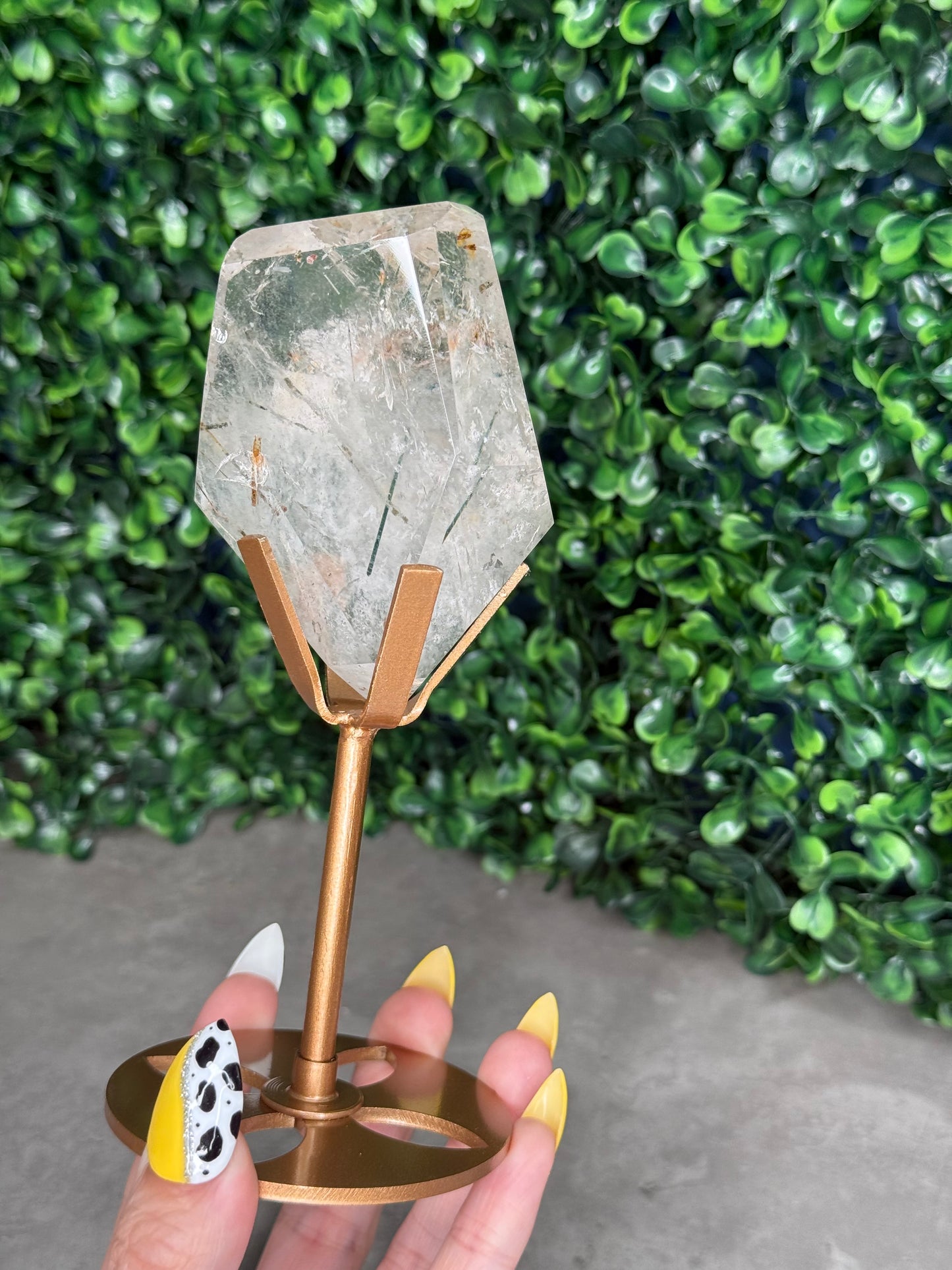 Green Actinolite Rutile in Quartz with Custom Gold Stand - Brazil
