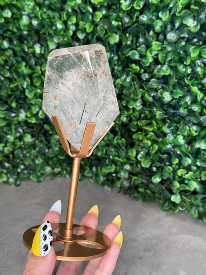 Green Actinolite Rutile in Quartz with Custom Gold Stand - Brazil