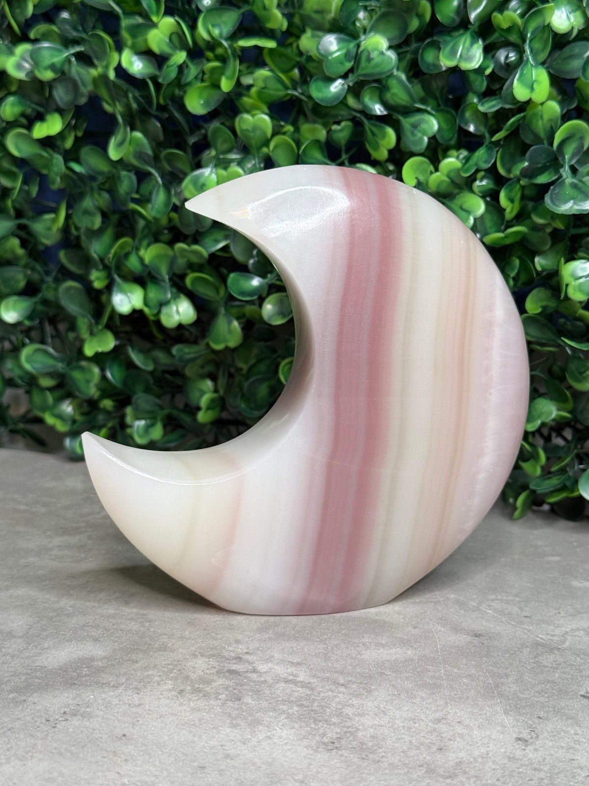 Pink Banded Onyx Standing Moon Crystal Carving - Pakistan - A