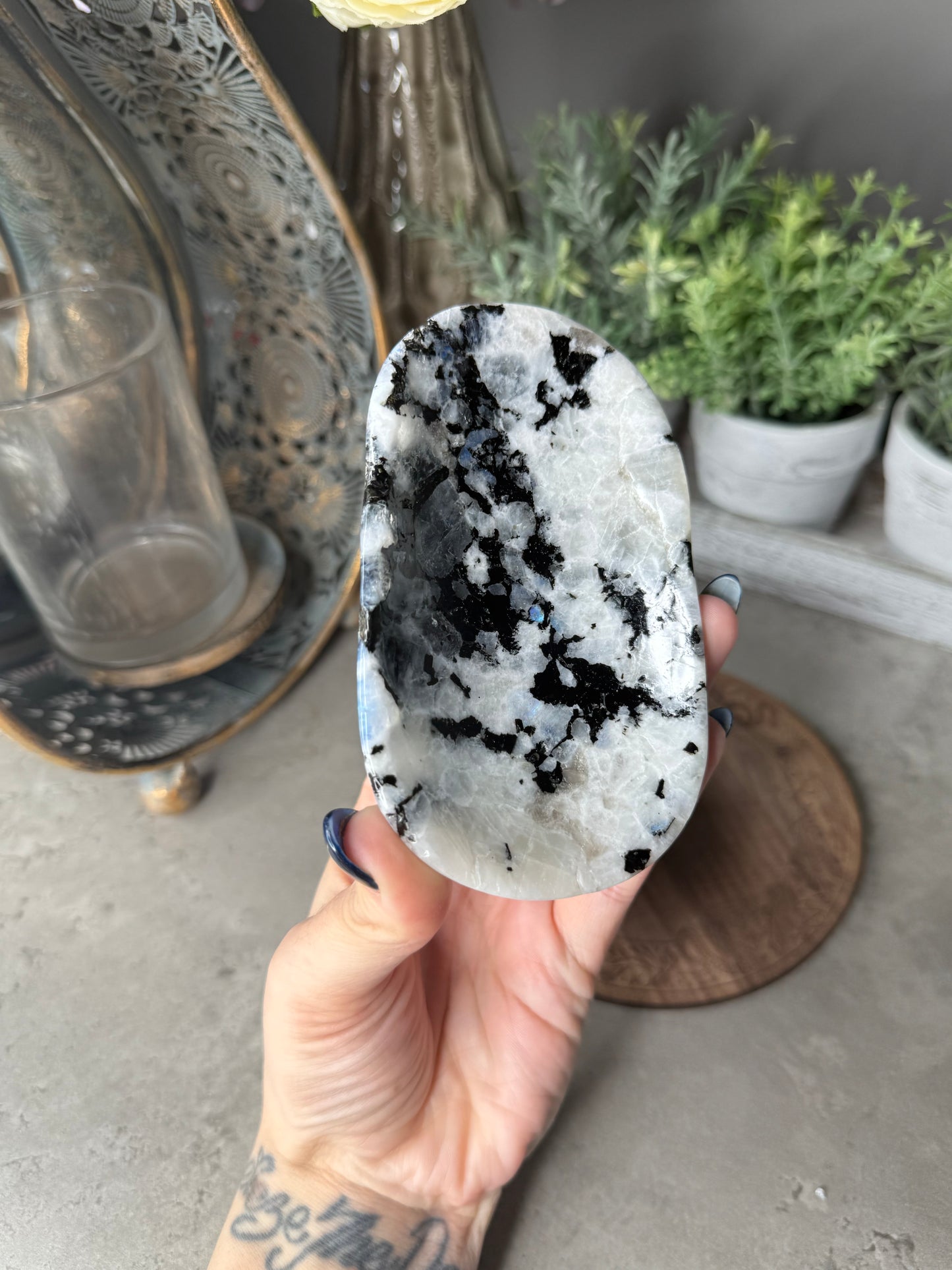 Rainbow Moonstone Crystal Bowl with Pyrite Inclusions