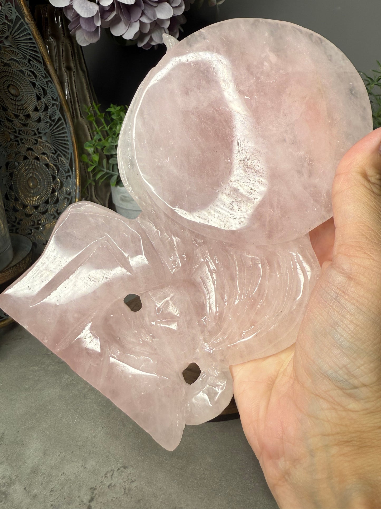 Rose Quartz Nine-Tailed Fox & Moon Carving