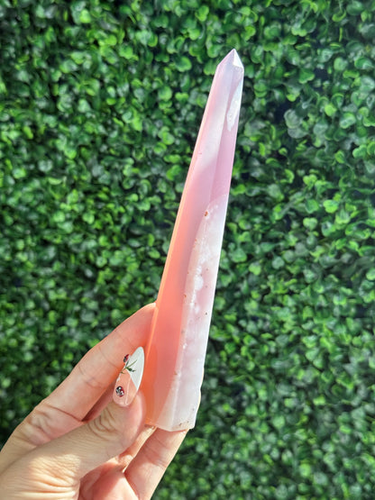 Pink Jelly Agate Obelisk Tower Crystal Carving - E 148